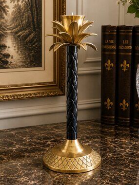 Vintage Brass & Black Mid Century Palm Tree Candle Holder
